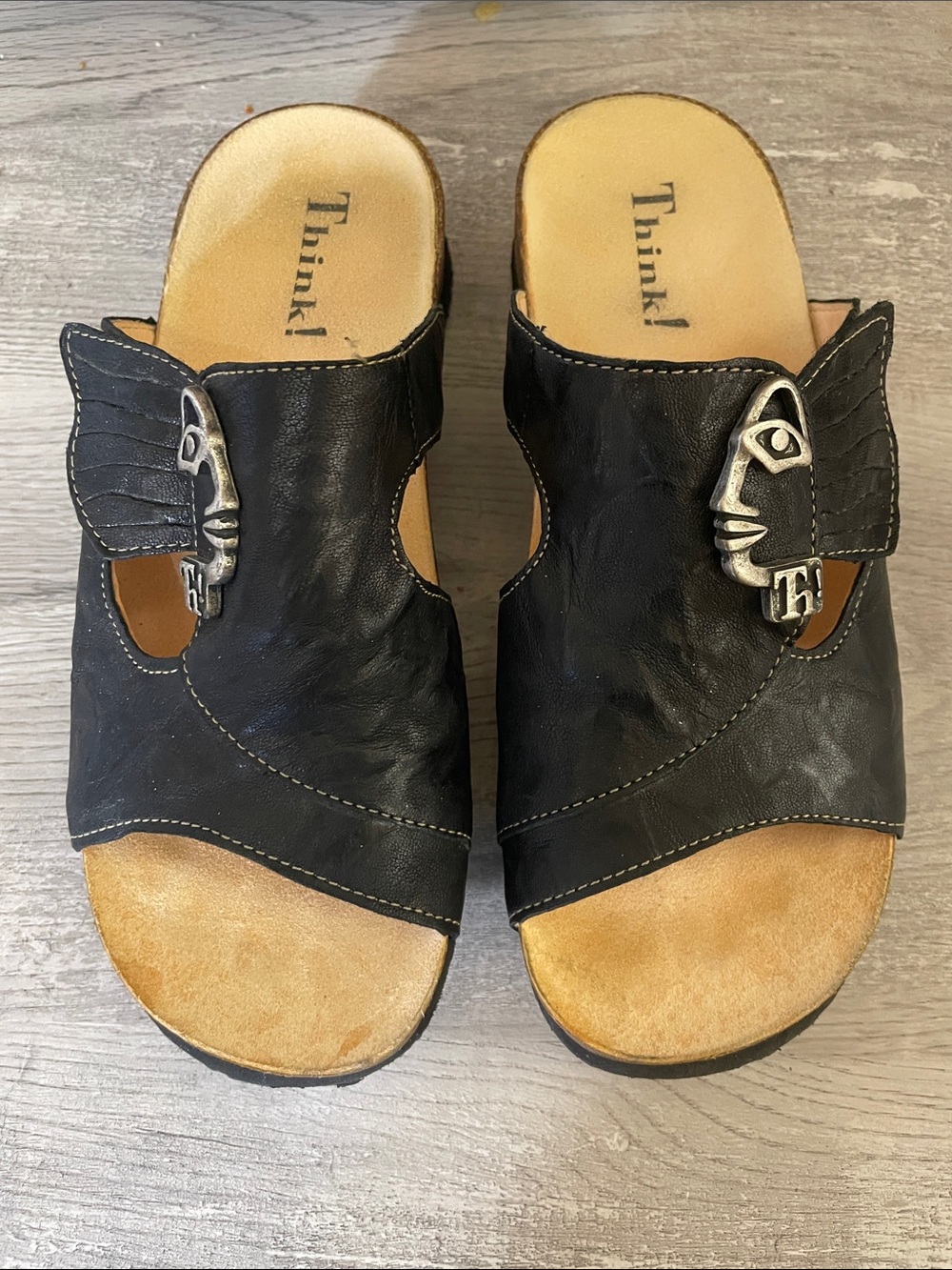 Think! Black Leather Slide Mules/Sandal with Sculpted Metal Accent